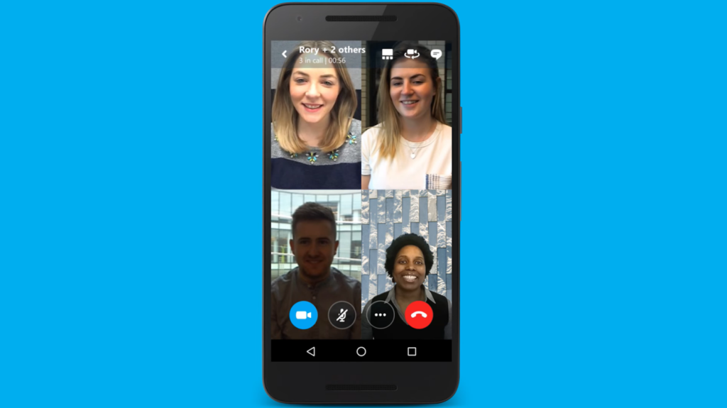 Skype video call in progress with four participants on a smartphone screen