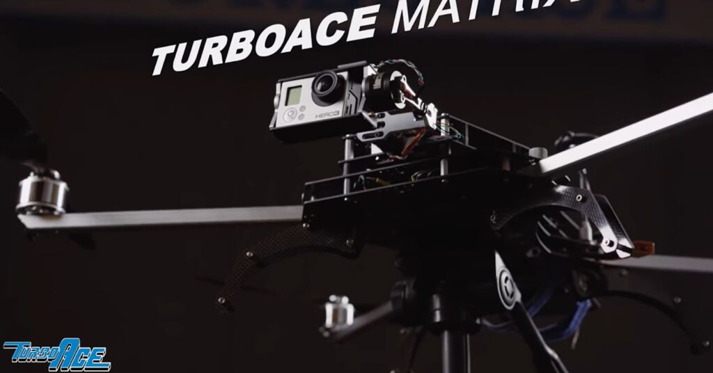 A high-tech racing drone with mounted camera and branding